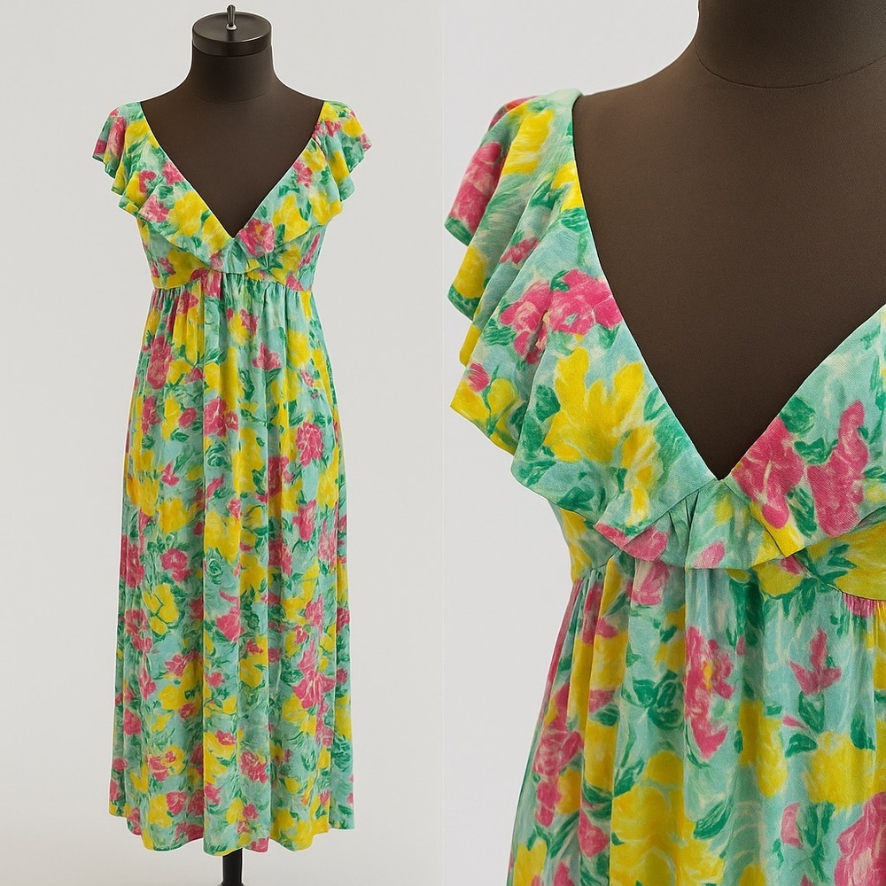 Mika & Gala Lilywhyt Floral Ruffle Maxi Dress Crisscross Back Size M